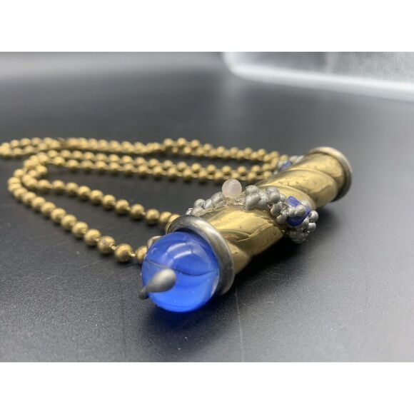 VINTAGE 3" BRASS KALEIDOSCOPE Necklace With Blue Marble - Picture 1 of 9